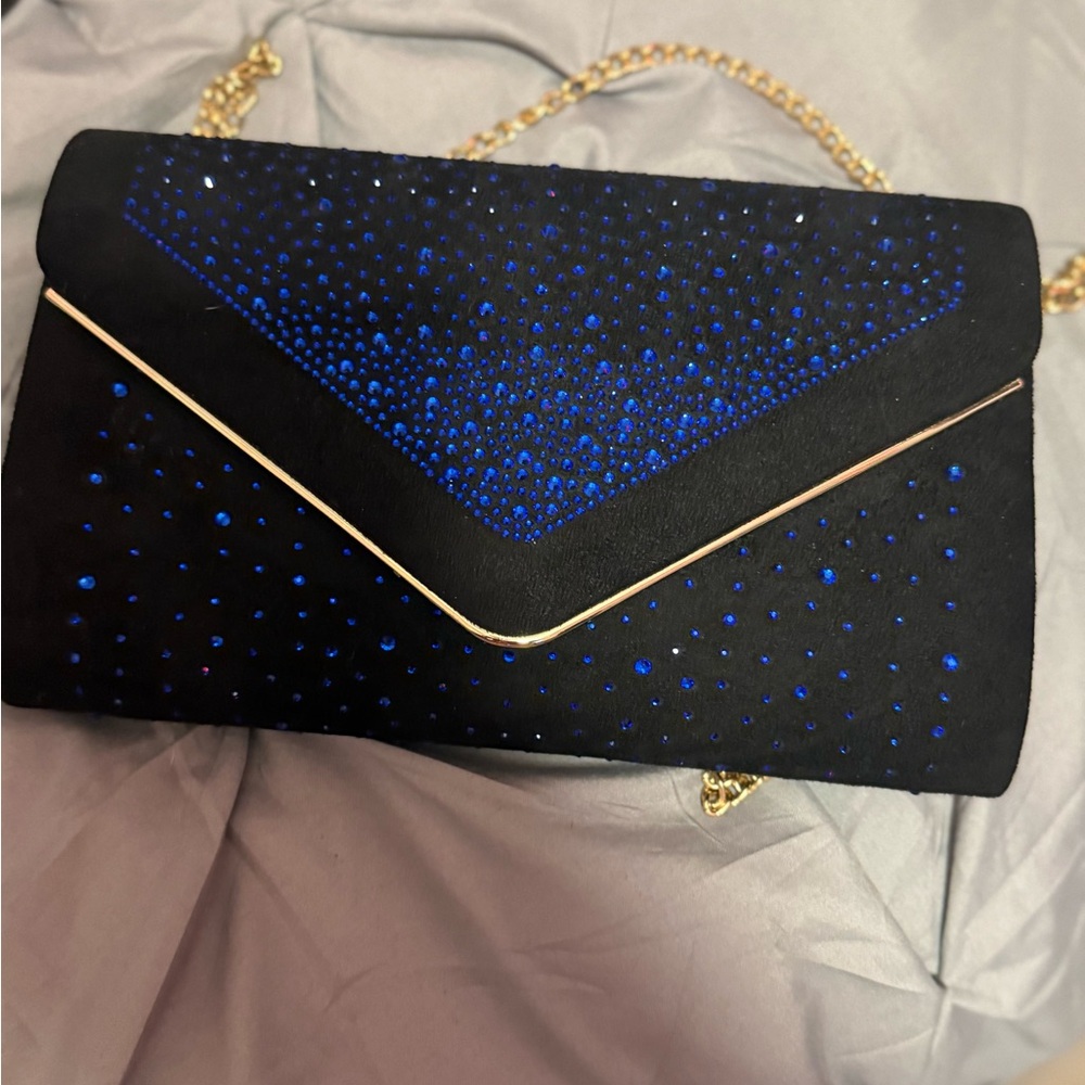 Elegant Black and Blue Clutch with Gold Chain